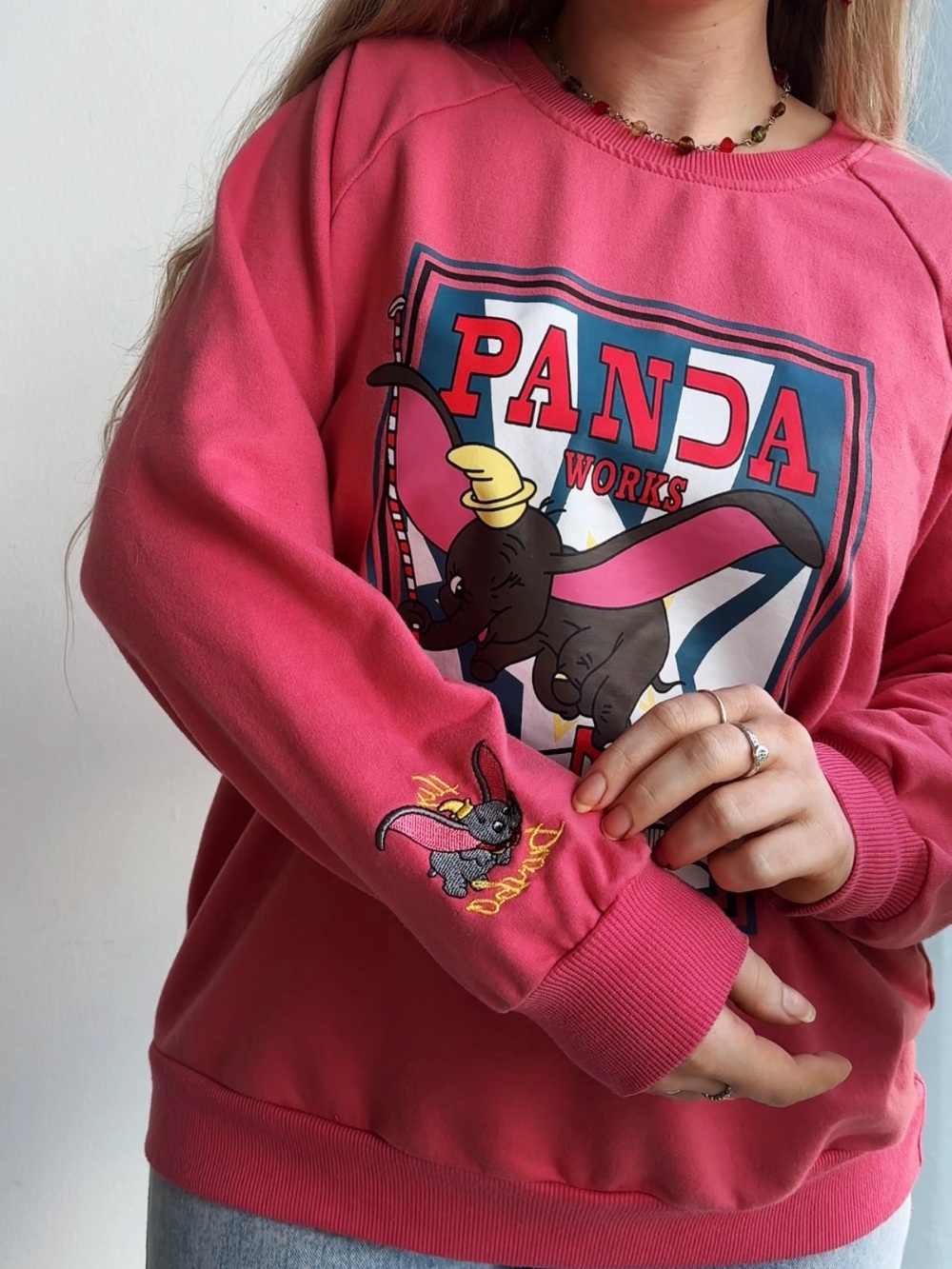PANDA Works Pink Graphic Dumbo Sweatshirt with Sleeve Embroidery